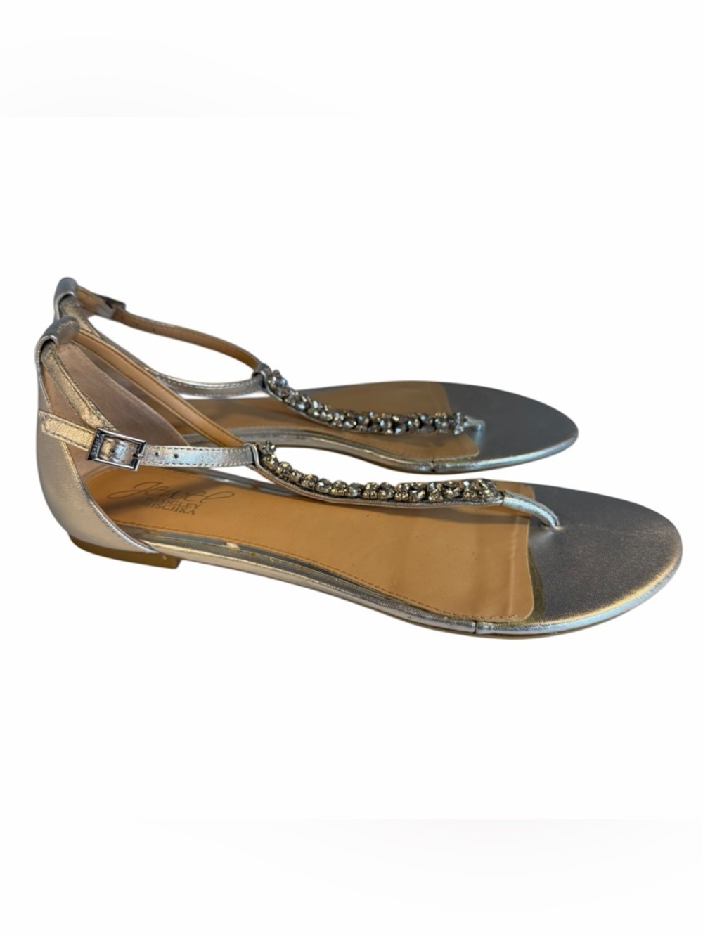 Jewel Badgley Mischka Silver Jeweled T-Strap Sandals
